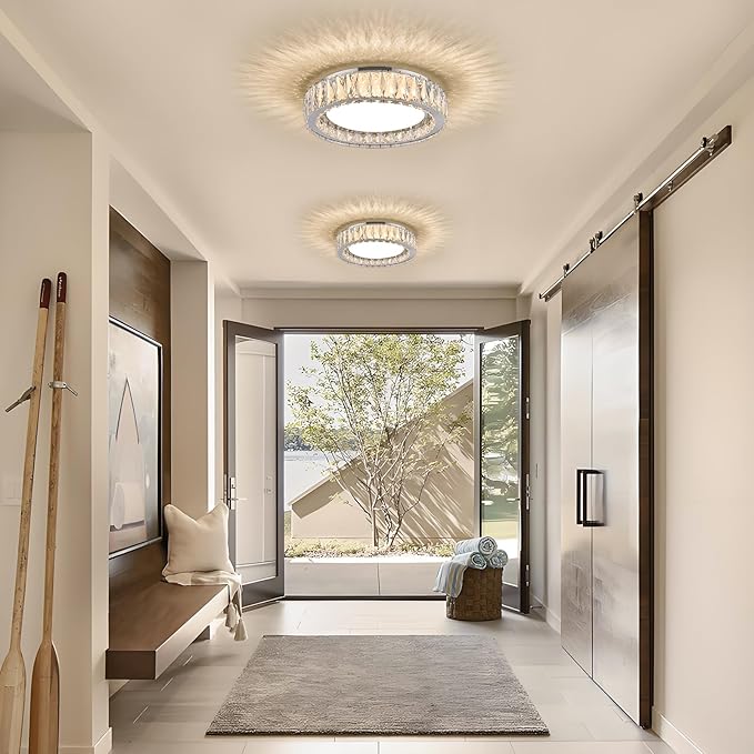 15 Inch Modern Chrome Crystal Flush Mount Chandelier,Dimmable LED 5CCT 3000K-6000K 36W,Large Round Luxury Close to Ceiling Light Fixtures for Living Room,Bedroom,Kitchen,Dining Room