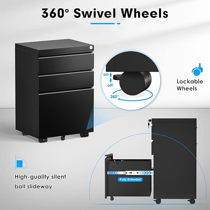 Greenvelly 3 Drawer Mobile File Cabinet with Lock, Fully Assembled Rolling File Cabinet Except Casters, Under Desk File Cabinet with Wheels for Home Office Fit Legal/Letter/A4 File (Assembled, Black)