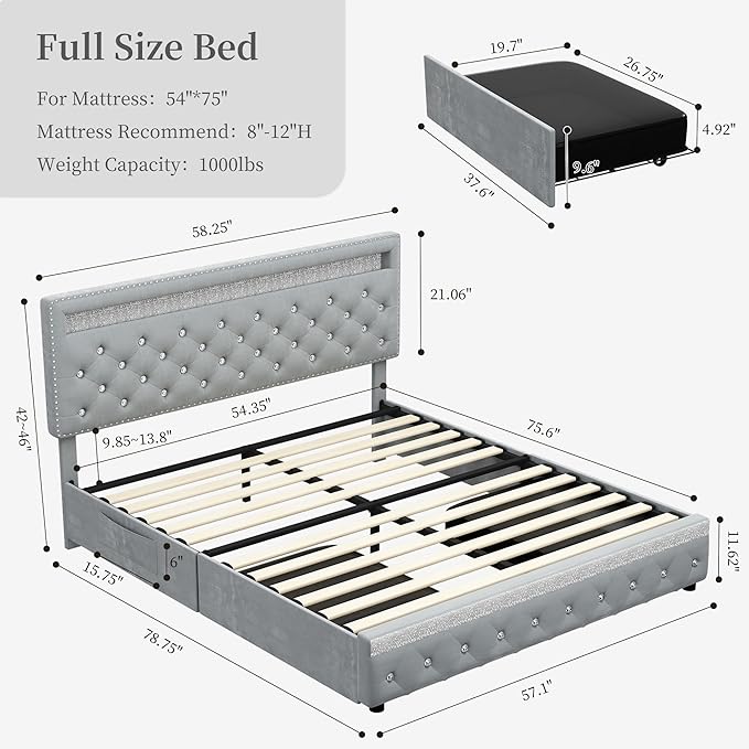 Full Led Bed Frame with 2 Drawers, Platform Bed Frame Full Size with Storage and Adjustable Upholstered Button Tufted Headboard, Noise-Free, Solid & Stable, No Box Spring Needed, Velvet Grey