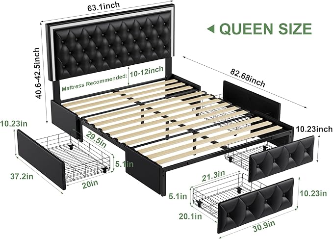Keyluv Queen Upholstered LED Bed Frame with 4 Drawers, Pu Leather Platform Storage Bed with Adjustable Button Tufted Headboard and Solid Wooden Slats Support, No Box Spring Needed, Black