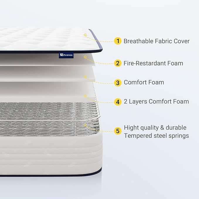 Avenco 8 Inch Queen Size Mattress, Foam and Spring Hybrid Mattresses in a Box, Medium Soft, Breathable Fabric & Adaptive Support, CertiPUR-US Certified, Queen Mattress in Guest and Kids Bedroom