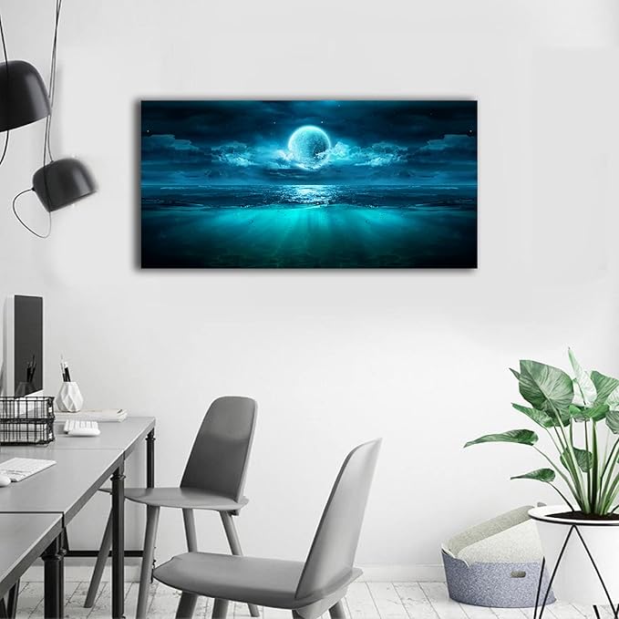 Full Moon Ocean Waves Wall Art Moon Night Canvas Pictures Dark Teal Blue Seascape Canvas Art Landscape Prints Artwork for Living Room Bedroom Bathroom Ofiice Kitchen Home Wall Decoration 20" x 40"