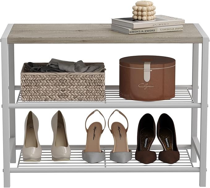 HOMEFORT 3-Tier Shoe Rack, Shoe Storage Shelf, Industrial Shoe Tower, Narrow Shoe Organizer for Closet Entryway, Small Shoe Rack Table with Durable Metal Shelves, White Oak