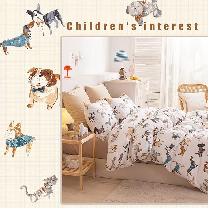 Ivellow 100% Cotton Queen Duvet Cover Set, Cartoon Dog Puppy Patterned Kids Duvet Cover for Boys Girls Soft Bedding Sets 3Pcs White Comforter Cover with Zipper Closure 2 Pillowcases, (No Comforter)
