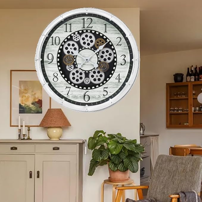 20 Inch Steampunk Wall Clock with Decorative Gears, Industrial Vintage Analog Clock for Living Room, Farmhouse, Office Decor, Silent Non-Ticking Battery Operated,Blue