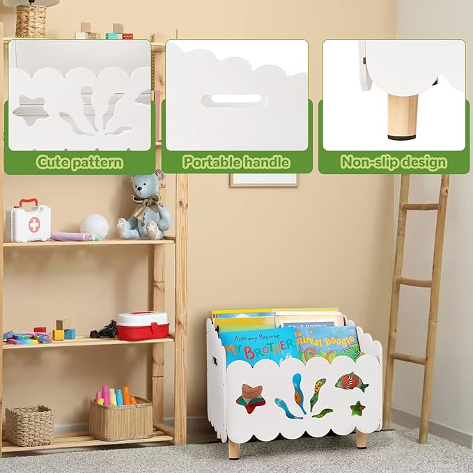 Liitrton Wood Kids Bookshelf for Kids Rooms, Toddler Montessori Bookshelf with 3 Adjustable Dividers, Small Kid Bookcase for Nursery Book Toy Storage (White)