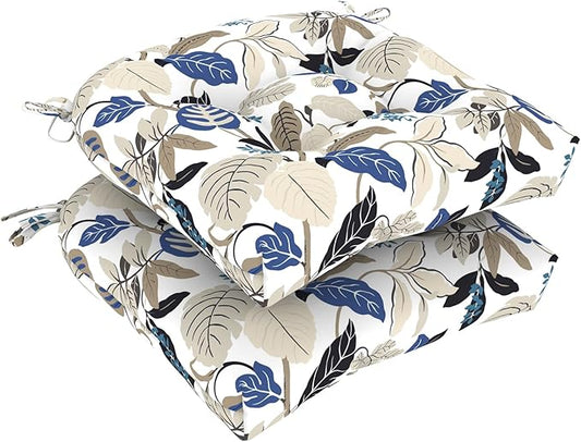 Set of 2 Outdoor Tufted Chair Cushions 19"x19"x4", Water Repellent Patio Seat Cushions with Ties, Replacement Chair Pads for Wicker Dining and Patio Furniture - Breeze Leaves Beige