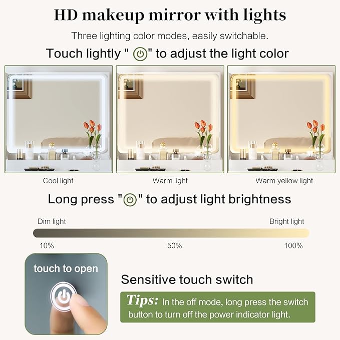 Large Vanity Desk with 3 Color Touch Screen Dimming Mirror, Vanity Desk with Charging Station, Modern Retractable Makeup Dressing Table, Makeup Table With storage shelves and 5 Sliding Drawers, White