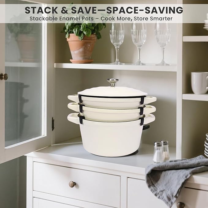 Hisencn Stackable Enamel Cookware Set, 5-Piece – 5.2QT Pot with Lid, 10-in Skillet, 4QT Frying Pan with Universal Glass Lid, Space-Saving Design, Oven and Stovetop Safe (Up to 500°F), Cream White