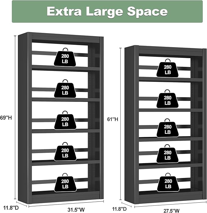 Bookcase, 5-Shelf Heavy Duty Metal Bookcase, Adjustable Bookshelf with Large Capacity, Book Shelf for Home Office, Living Room, Garage