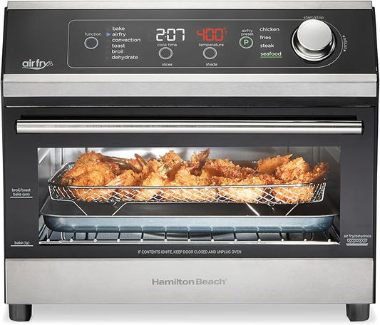 Hamilton Beach Digital Air Fryer Toaster Oven Combo, 10 Ways to Cook, 4 Preset Functions, Stay On & 1800 Watts, LED Capacitive-Touch Controls, 2 Rack Positions, Fits 12” Pizza, Black & Stainless Steel
