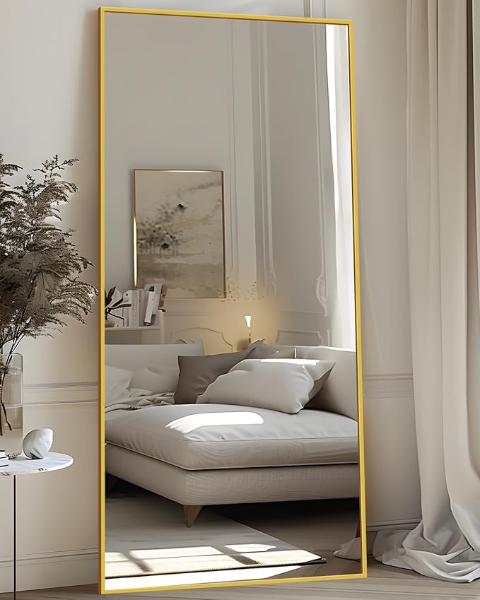 Antok Full Length Mirror, 76"x34" Floor Mirror with Stand, Hanging Mounted Mirrors for Bedroom, Living Room, Cloakroom, Dining Room, Gold, Rect