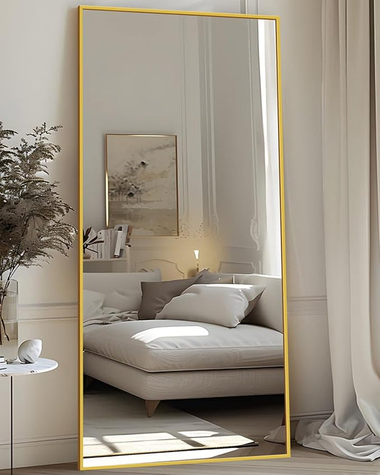 Antok Full Length Mirror, 76"x34" Floor Mirror with Stand, Hanging Mounted Mirrors for Bedroom, Living Room, Cloakroom, Dining Room, Gold, Rect