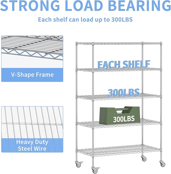 5 Tier Metal Shelving Unit with Wheels, 72" H x 48”W x 24”D Industrial Storage Shelves 1500 LBS Load Capacity, Steel Wire Storage Shelving for Garage, Kitchen, Pantry, Living Room