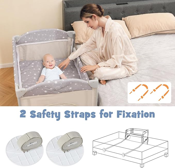 BABY JOY 5-in-1 Pack and Play, Portable Baby Bedside Sleeper with Bassinet, U-Shaped Diaper Changer, Safety Strap, Side Zipper Entrance, Hangings, Bedside Crib Playard from Newborn to Toddlers (Beige)