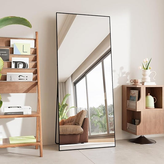 FANYUSHOW Full Length Mirror, Standing Hanging or Leaning Body Mirror, Simple Rectangle Design, Aluminum Alloy Thin Frame, Floor Mirror for Bedrooms, Bathrooms, Living Room 63"x18" (Black)