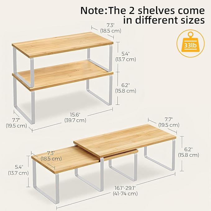 2 Pack Cabinet Organizer Shelves, Stackable and Expandable Kitchen Counter Shelf, for Kitchen Cabinet Countertop Storage, Spice Rack, Metal and Premium Bamboo (White, 15.6" W)