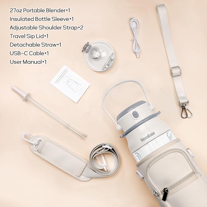 Portable Blender Personal Juicer for Shakes and Smoothies - 27 OZ Electric Protein Shaker Bottle with Insulated Sleeve, Travel Lid, USB-C Rechargeable - Mini Small Blender Cup for Kitchen, Office, Gym