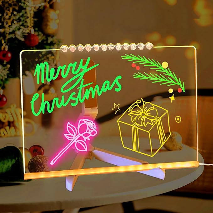 LED Acrylic Message Board, Light Up Acrylic Dry Erase Board 11.8x7.9”, LED Note Board with Colors for Kids, Glow Memo Message Writing Board with Light, Drawing Stencils Set & Unique Border