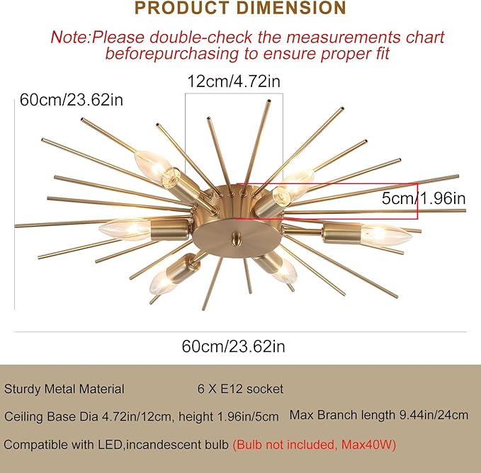 Jaycomey 6-Lights Sputnik Light Fixture Flush Mount Gold Ceiling Lights Modern Firework Metal Ceiling Lighting Mid Century Chandelier for Farmhouse Dining Room Bedroom Hallway Living Room, E12
