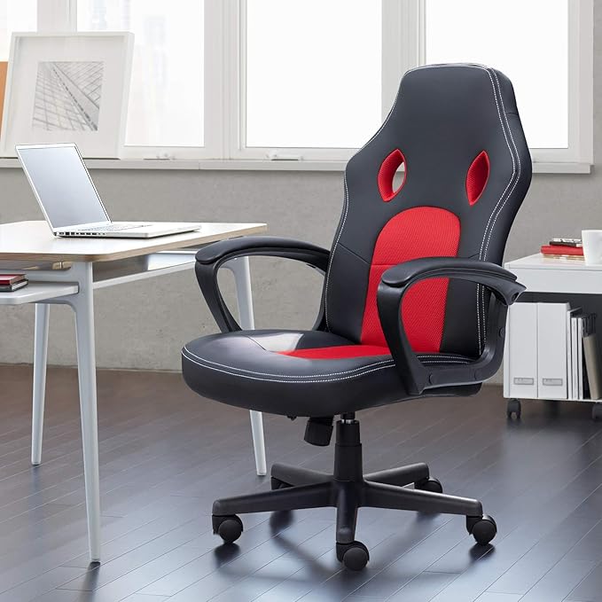 Furmax Red Gaming Chair, Adjustable Swivel Desk Chair with Padded Armrests and Lumbar Support, Leather and Mesh Design