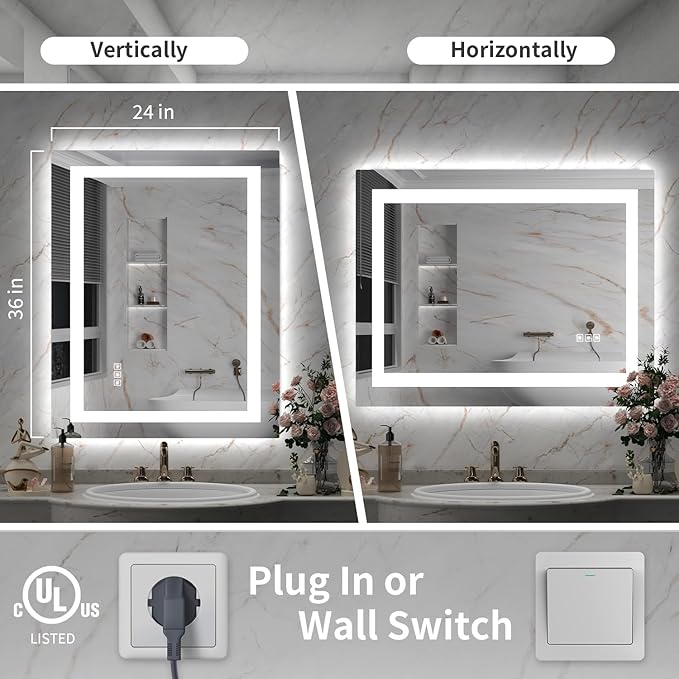LED Mirror for Bathroom, 24x36 Inch Backlit + Front Lighted Bathroom Vanity Mirror with Lights for Wall, Double Light Strips, 3 Colors, Shatter-Proof, Anti-Fog and Brightness Memory