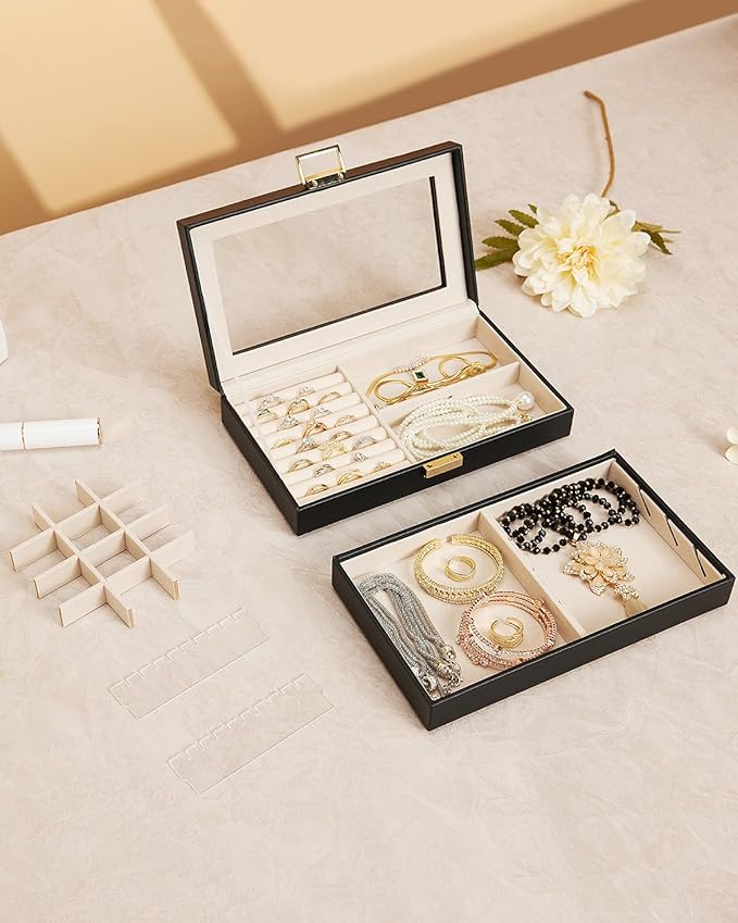 Homde Jewelry Tray Stackable Jewelry Box Drawer Organizer with Glass Lid, Removable Dividers for Vanity Table Gift Idea for Girls and Women (Black)