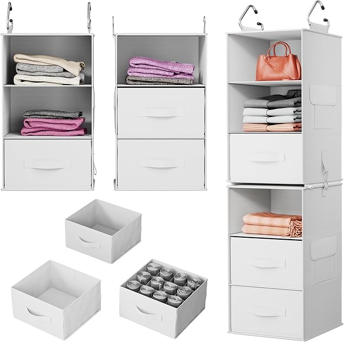 Pipishell 6-Shelf Hanging Closet Organizer, Hanging Shelves with 2 Separable 3-Tier Shelves, Closet Shelves Organizer with 3 Removable Drawers for Wardrobe, Nursery, Baby Clothes Organizer, White