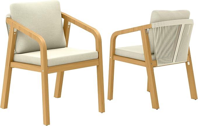 Wisteria Lane Acacia Patio Dining Chairs Set of 2, Outdoor Wood Chairs with Thick Cushions, Modern Patio Seating with Woven Rope Backrest for Porch, Backyard, Garden, Indoor Use, Beige