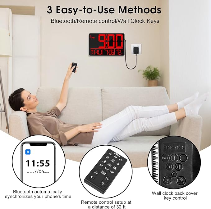 13" Bluetooth Auto Sync Wall Clock - Large Digital Alarm Clock with Remote, 25 Ringtones, Dual Alarm, Adjustable Brightness, 12/24H, Auto DST, for Living Room, Kitchen, Office, Elderly（Red）
