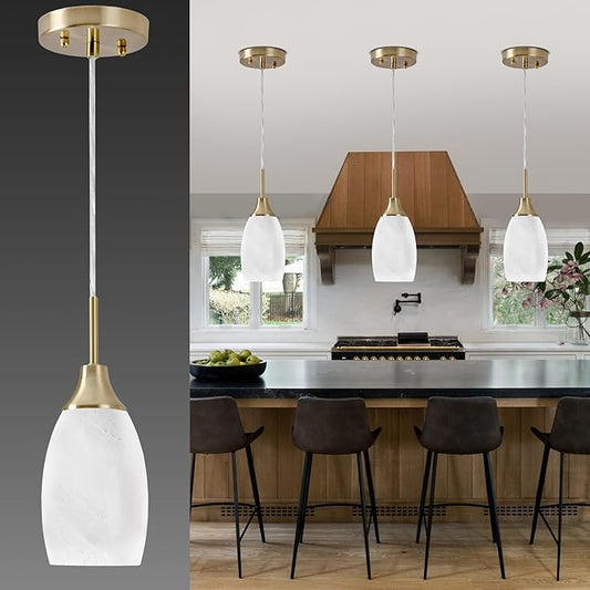 Mini Glass Pendant Light 4.72" with Handblown White Swirl Art Glass Hanging Light 1-Pack Oval Ceiling Hanging Light Fixture for Dining Room Kitchen Island Cafe Foyer Hallway