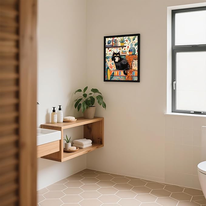 Framed Vintage Cat Canvas Wall Art, Funny Pink Animal Reading Books Painting Picture Print, Cute Kitten Lovers Aesthetic Wall Decor for Nursery Girls Room Bedroom Kids Room 10''L x 8''W