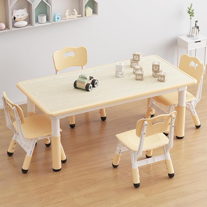 GarveeHome Kids Table and 4 Chairs Set, Height Adjustable Toddler Table and Chair Set for 4, Graffiti Desktop, Non-Slip Children Table for Home Daycare Preschool for Ages 2-8, Beige