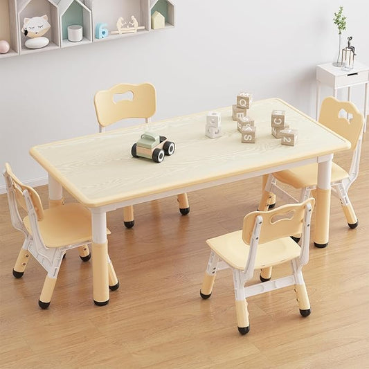 GarveeHome Kids Table and 4 Chairs Set, Height Adjustable Toddler Table and Chair Set for 4, Graffiti Desktop, Non-Slip Children Table for Home Daycare Preschool for Ages 2-8, Beige