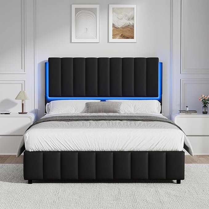 Full Size Bed Frame with LED Lights, Faux Leather Upholstered Platform Bed with Headboard and Wooden Slats Support, No Box Spring Needed, Noise-Free, Easy Assembly, Black