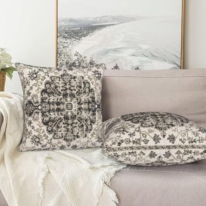 Boho Throw Pillow Covers 22x22 Set of 2, Black Brown Carpet Pattern Pillow Covers Ethnic Rustic Farmhouse Cushion Cases Linen Decorative Gifts for Couch Sofa Indoor Outdoor