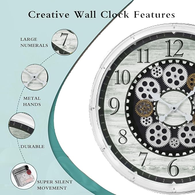 20 Inch Steampunk Wall Clock with Decorative Gears, Industrial Vintage Analog Clock for Living Room, Farmhouse, Office Decor, Silent Non-Ticking Battery Operated,Blue