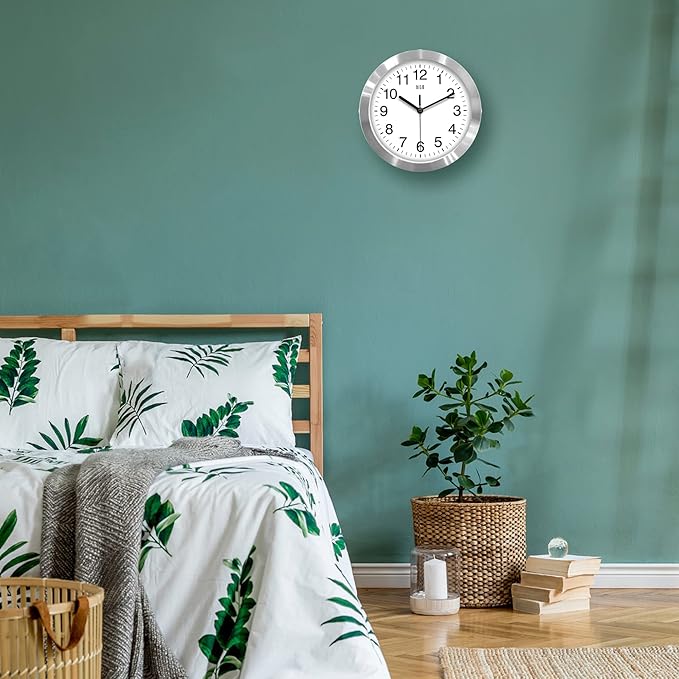 HITO 10 Inch Silent Wall Clock Battery Operated Non Ticking Glass Cover Silver Aluminum Frame, for Kitchen, Bedroom, Home Office, Living Room Decor