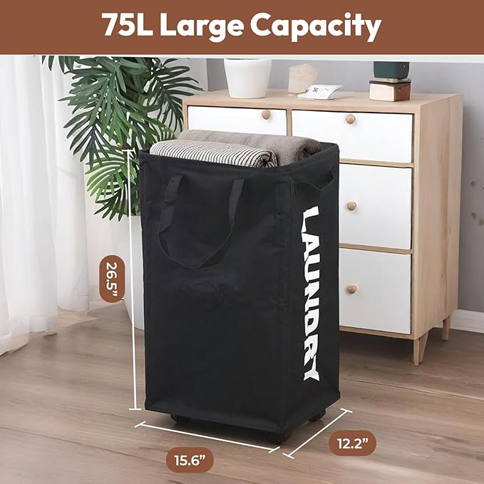 75L Rolling Laundry Basket with Wheels – Large Black Clothes Hamper with Removable Washable Mesh Bag, 600D Oxford Fabric,Lockable Wheels & Standing Rods for Upright Stability in Bedroom & Laundry Room