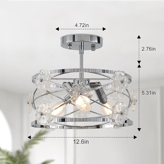 12.6" Semi Flush Mount Ceiling Light Modern 3-Lights Drum Ceiling Lighting with Chrome Finish Vintage Modern Crystal Flower Light Fixture for Bedroom, Entryway, Kitchen, Dining Room, E12