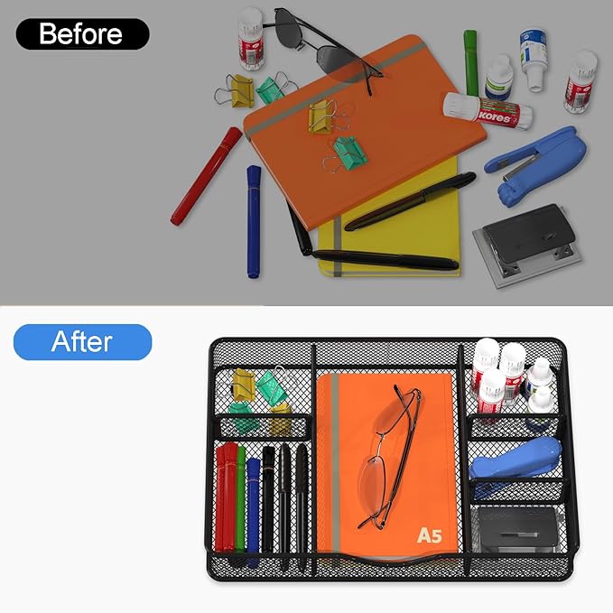 Desk Drawer Organizer, Metal Mesh Drawer Organizer Tray with 6 Adjustable Compartment, Tray Organizer for Desktop, Kitchen, Bathroom, Makeup, Vanity - 14.5x8.8x1.96 inch, Black, 1PC Large