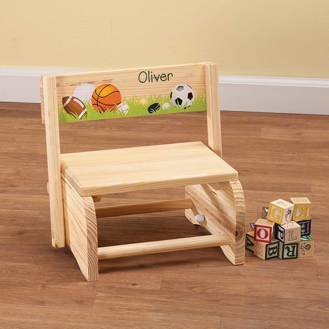 Custom 2-in-1 Children's Step Stool and Chair, Customized with Kid’s Name, Sports Design