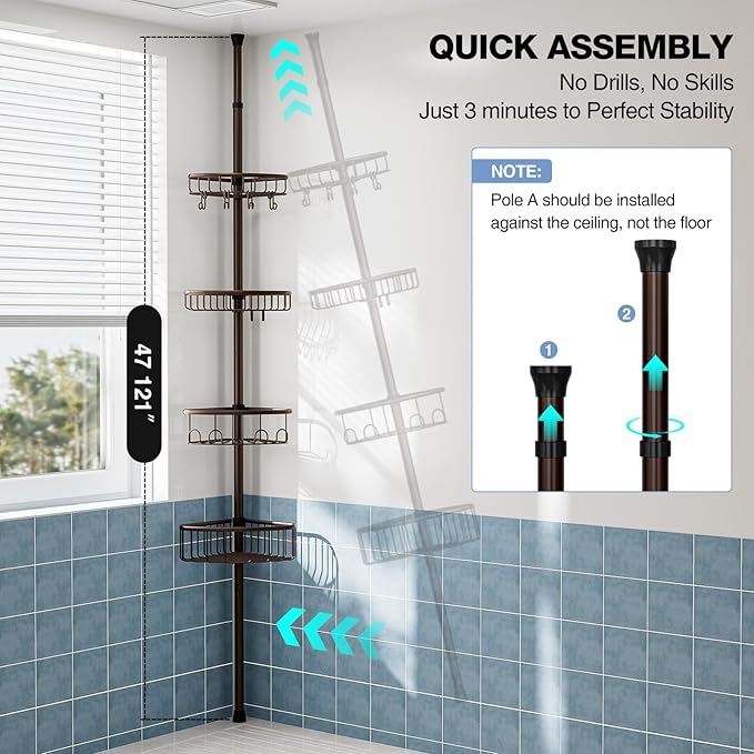 Corner Shower Caddy Tension Pole: Stainless Steel Rustproof 4-Tier Shower Organizer - 47-121 inch Adjustable Bathroom Shelves for Bathtub Shampoo Storage - Tension Rod Floor Standing Bath Rack -Bronze