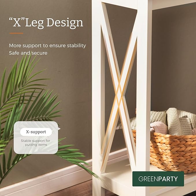 GREEN PARTY Vintage Farmhouse Entryway Console Table, 2-Tier Narrow Sofa Table with Storage Shelf for Living Room and Hallway, Rustic White Accent Furniture with Sturdy X-Shaped Legs