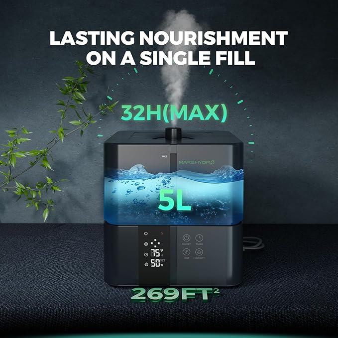 MARS HYDRO Plant Humidifier 5L,with Adjustable Humidity,Timer Function,Ultrasonic Precise and Silent Operation,No-Leak Seal for Grow Tent,Indoor Planting,Greenhouse,Bedroom