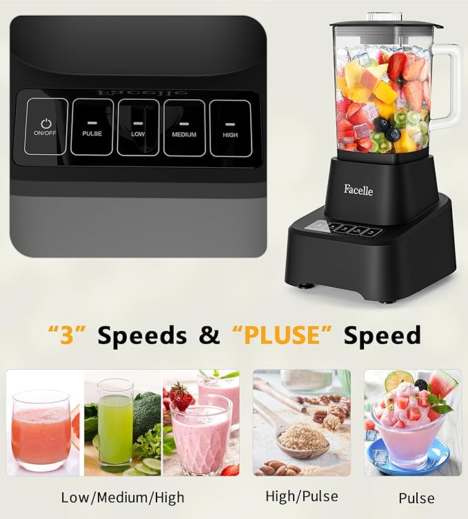 Smoothie Blender, Facelle Countertop Blender for Kitchen, 55 oz Glass blender for smoothies and Shakes, Licuadora, Smoothie maker with touchscreen 3+P Speeds, Cleaning brush ＆ removable SS304 blade
