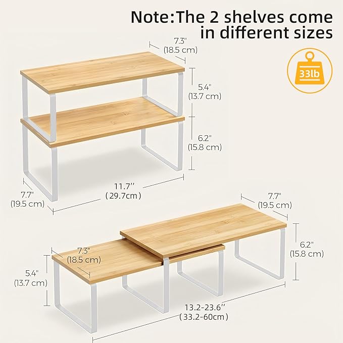 2 Pack Cabinet Organizer Shelves, Stackable and Expandable Kitchen Counter Shelf, for Kitchen Cabinet Countertop Storage, Spice Rack, Metal and Premium Bamboo (White, 11.7" W)