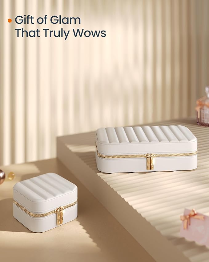 SONGMICS HOME Travel Jewelry Case, Small Jewelry Box Organizer with Mirror, 4.1 x 4.1 x 2.4 Inches, PU Surface with Stitching, Portable, Cloud White, ANAH Collection UJBC179W01