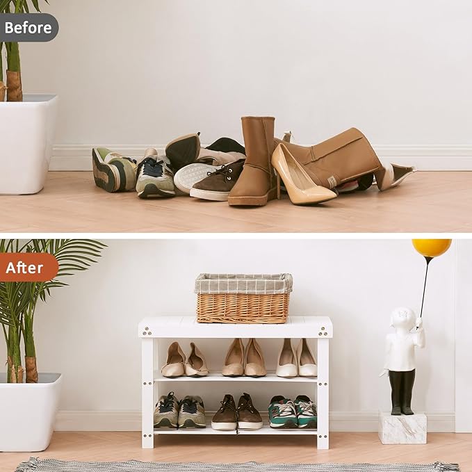 Apicizon Bamboo Shoe Rack for Entryway, 3-Tier Shoe Rack Bench for Front Indoor Entrance, Small Shoe Organizer with Storage, White
