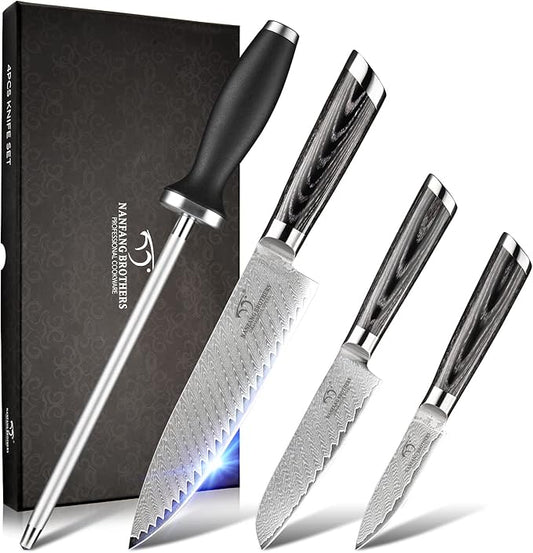 NANFANG BROTHERS Damascus Knife Set 4 PCS, Japanese Knife Set, VG10 Steel Core Chefs knives Sets, Professional Ultra Sharp Kitchen Knives, Equipped with Ergonomic Handles